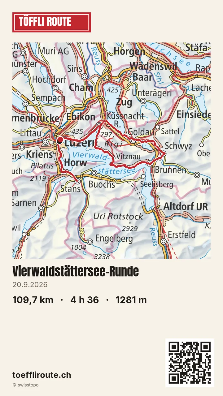 Eine geteilte Fahrt als Bild: die Vierwaldstättersee-Runde auf der Karte, darunter 109,7 km, 4 h 36 und 1281 m, dazu ein QR-Code.
