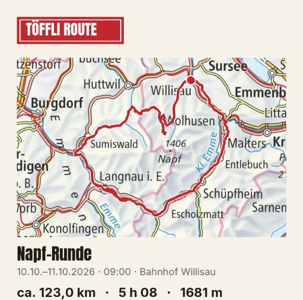 Vorschau eines Tourenlinks in WhatsApp: Karte der Napf-Runde, zwei Tage, 9 Uhr ab Bahnhof Willisau, ca. 123 km.